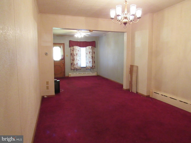 unfurnished room with carpet flooring, ceiling fan with notable chandelier, and a baseboard radiator