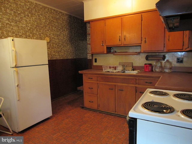 kitchen featuring sink, white appliances, and ventilation hood