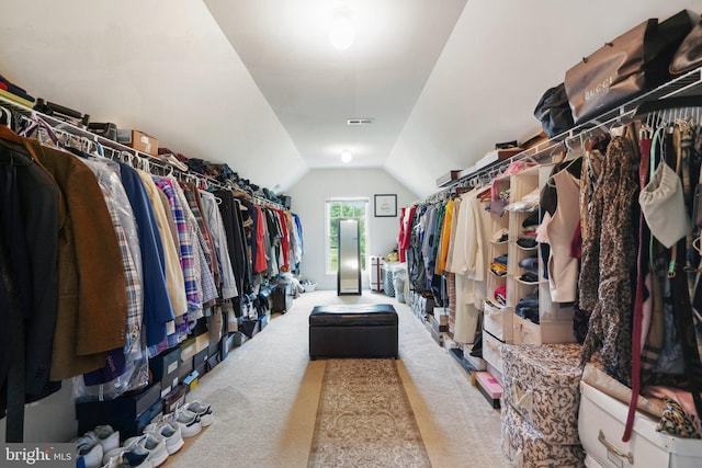 spacious closet featuring carpet and vaulted ceiling