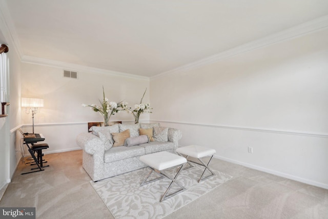 living room with crown molding and light carpet