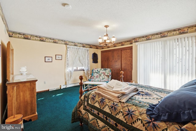 carpeted bedroom with a textured ceiling and an inviting chandelier