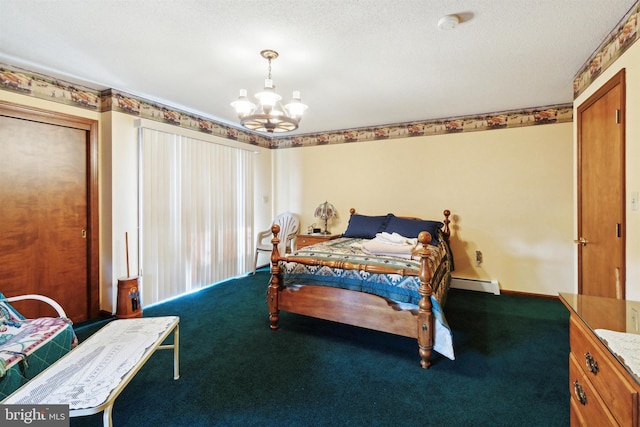 bedroom with carpet, a textured ceiling, baseboard heating, and a chandelier