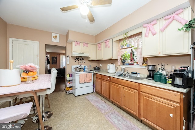 kitchen featuring ceiling fan, white range with electric stovetop, plenty of natural light, and sink