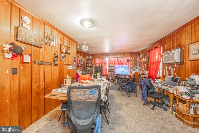 carpeted home office with wood walls and a wall mounted air conditioner