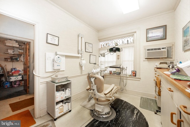 interior space with a wall unit AC and crown molding