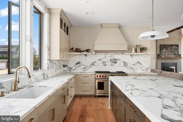 kitchen with a healthy amount of sunlight, range with two ovens, light wood-type flooring, and premium range hood