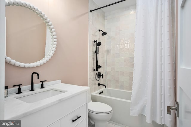 full bathroom with vanity, shower / bathtub combination with curtain, and toilet