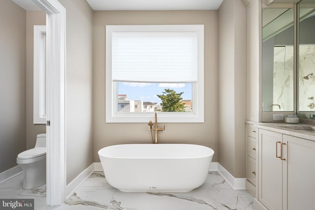 bathroom with a washtub, vanity, and toilet