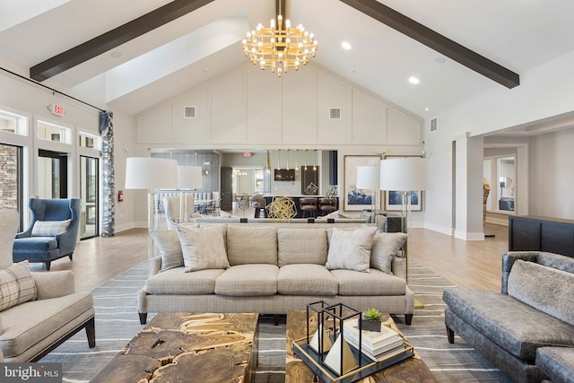 living room with beamed ceiling, high vaulted ceiling, wood-type flooring, and a notable chandelier