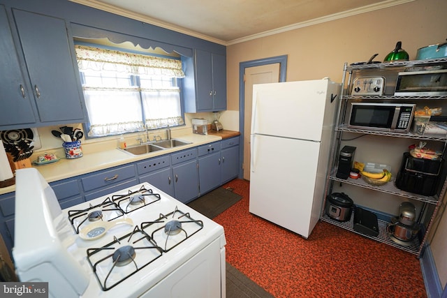 kitchen with blue cabinetry, white appliances, ornamental molding, and sink