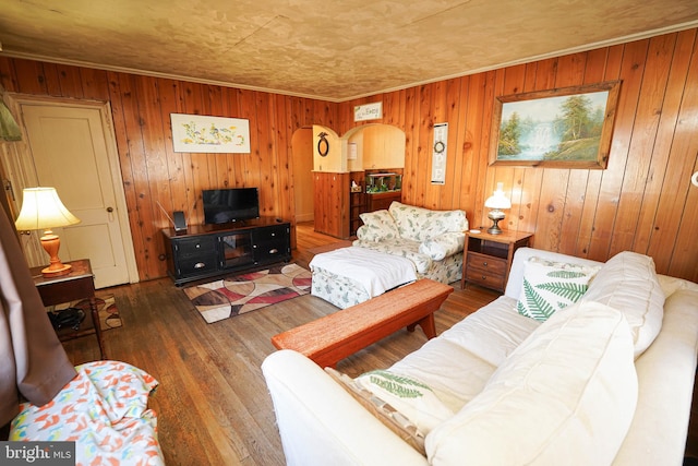 living room with hardwood / wood-style floors and wooden walls