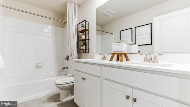 full bathroom with tile patterned floors, vanity, shower / bath combination with curtain, and toilet