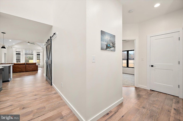 corridor with plenty of natural light, a barn door, and light hardwood / wood-style floors