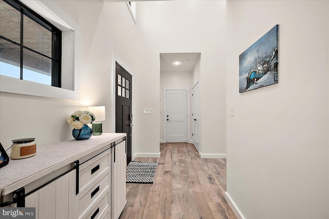 hallway featuring a high ceiling and light wood-type flooring