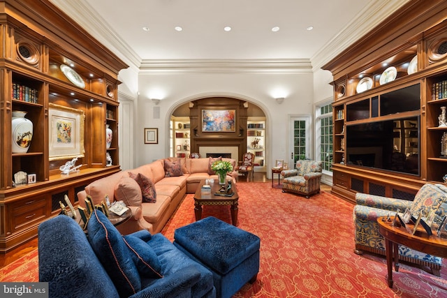 living room with crown molding