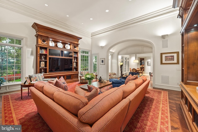 living room featuring dark parquet floors and ornamental molding