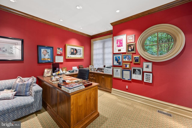 office area with crown molding and light carpet