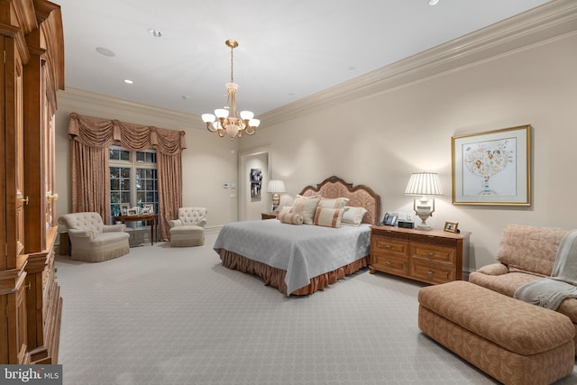 carpeted bedroom with ornamental molding and a chandelier