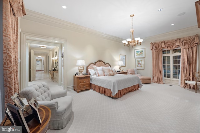 bedroom with crown molding, light colored carpet, and an inviting chandelier