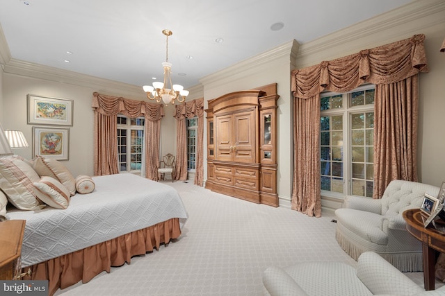 carpeted bedroom featuring ornamental molding and an inviting chandelier