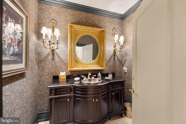 bathroom with vanity and crown molding