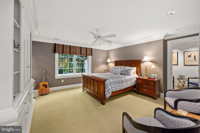 bedroom featuring ceiling fan, crown molding, and light carpet