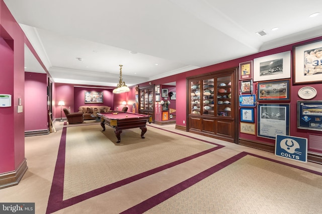 recreation room featuring light colored carpet, crown molding, and billiards