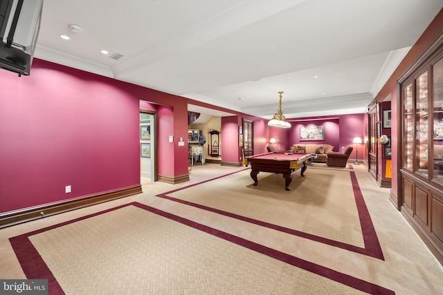 game room featuring light carpet, crown molding, and pool table