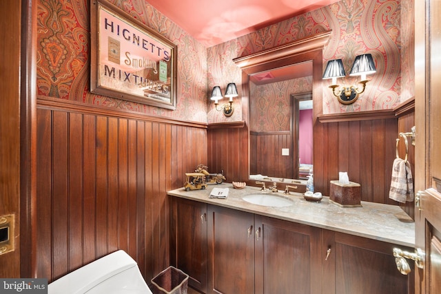 bathroom with wood walls, vanity, and toilet