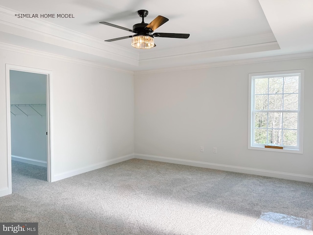 carpeted empty room featuring a tray ceiling, ceiling fan, and ornamental molding