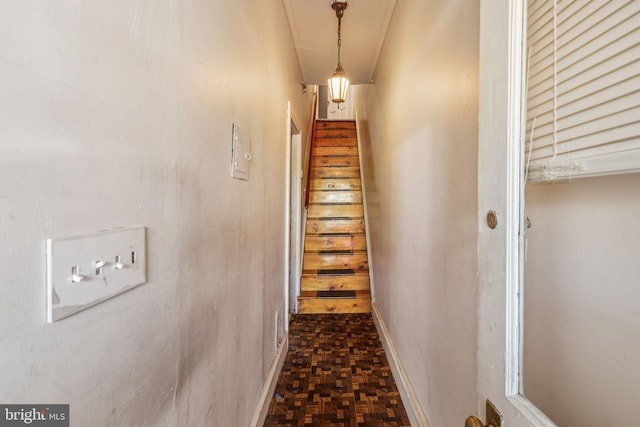 staircase with parquet flooring