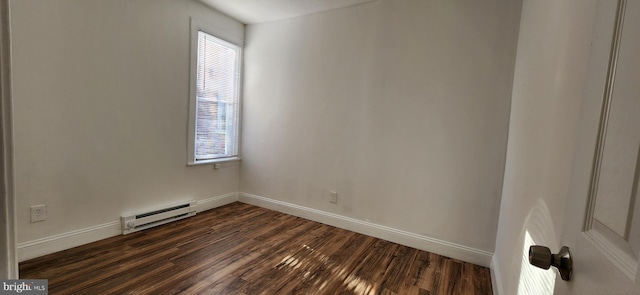 unfurnished room with dark hardwood / wood-style flooring and baseboard heating