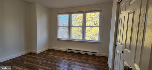 spare room featuring a wealth of natural light, dark hardwood / wood-style floors, and baseboard heating