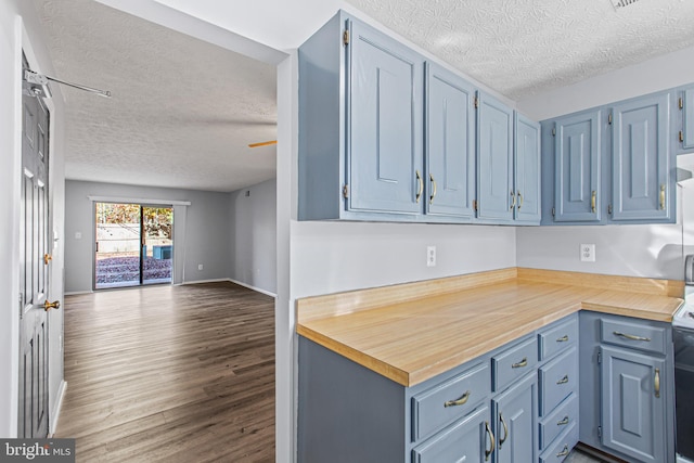 kitchen featuring blue cabinetry, a textured ceiling, hardwood / wood-style flooring, and ceiling fan