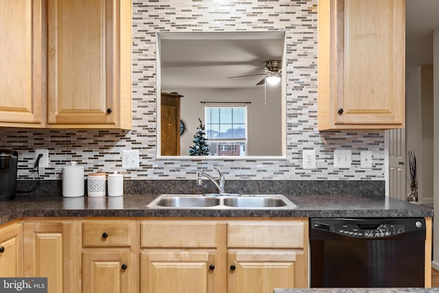 kitchen with backsplash, dishwasher, ceiling fan, and sink