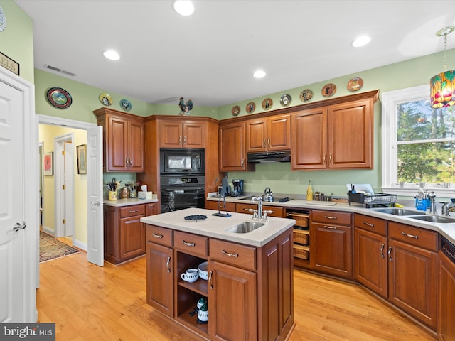 kitchen with sink, an island with sink, black appliances, and light hardwood / wood-style floors