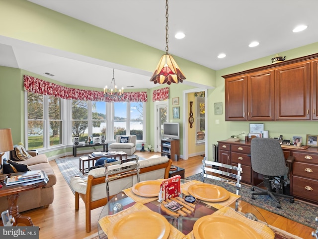 7369 Drum Point Rd, Saint Michaels, MD 21663 - office space featuring light wood-style flooring, plenty of natural light, a chandelier, recessed lighting, and baseboards