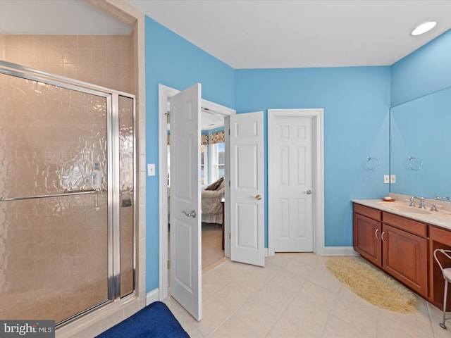 7369 Drum Point Rd, Saint Michaels, MD 21663 - full bathroom featuring a stall shower, vanity, connected bathroom, and tile patterned flooring