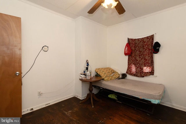 mudroom featuring ceiling fan, dark hardwood / wood-style floors, and ornamental molding