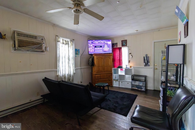 interior space with ornamental molding, a wall mounted AC, ceiling fan, a baseboard radiator, and dark hardwood / wood-style floors