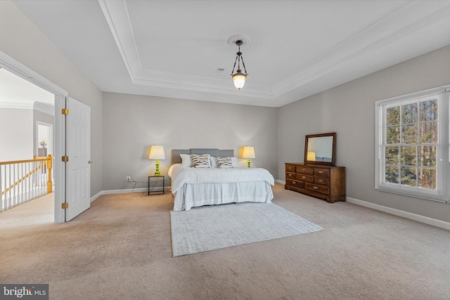 carpeted bedroom with a tray ceiling