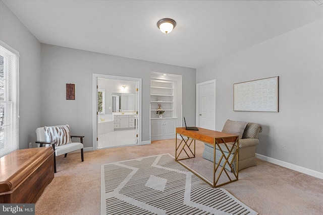 office area with built in shelves and light colored carpet