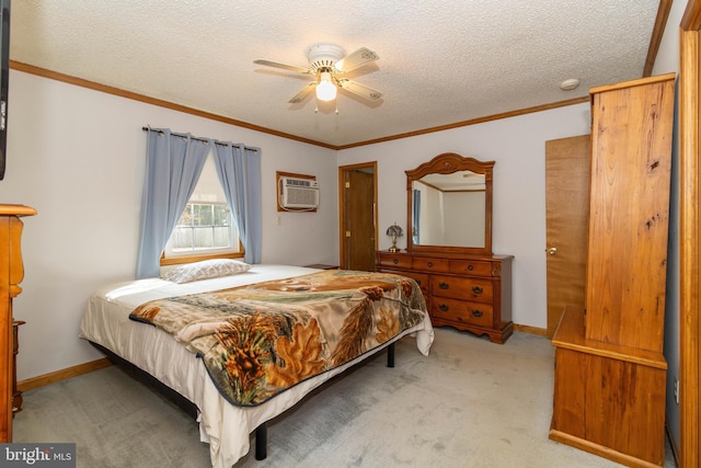 bedroom featuring ceiling fan, a wall mounted AC, crown molding, a textured ceiling, and light carpet