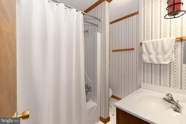 bathroom with vanity, shower / bathtub combination with curtain, and crown molding