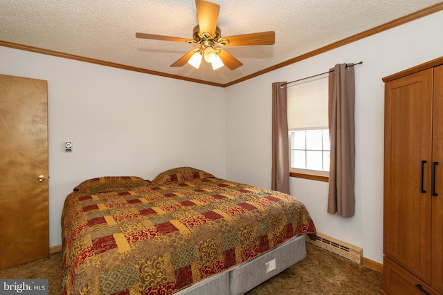 carpeted bedroom featuring a textured ceiling, crown molding, ceiling fan, and a baseboard heating unit