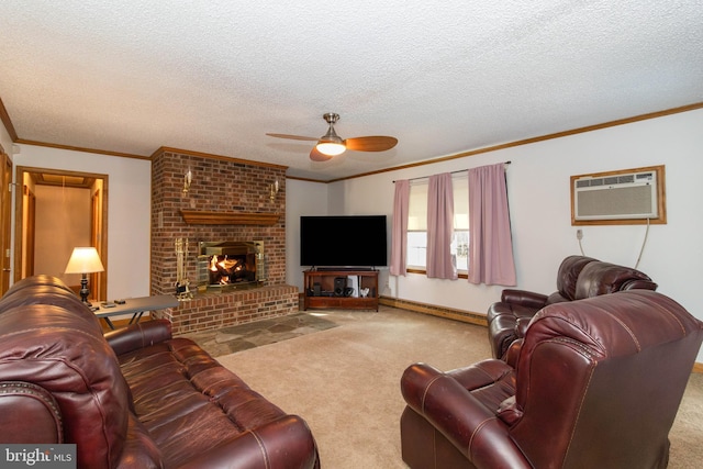 carpeted living room with ornamental molding, a textured ceiling, ceiling fan, a baseboard radiator, and a fireplace