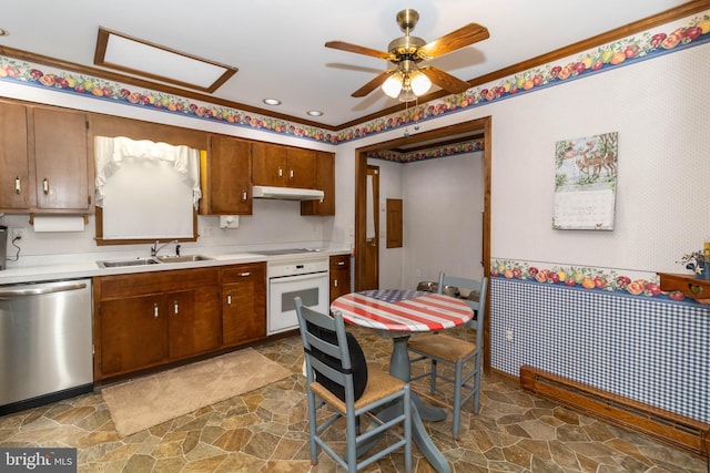 kitchen featuring ceiling fan, dishwasher, sink, stovetop, and oven