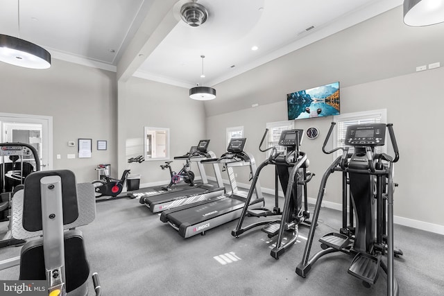 workout area with ornamental molding