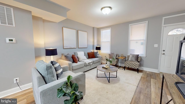 living room with light hardwood / wood-style flooring