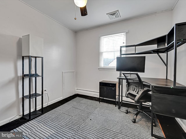 office with baseboard heating and ceiling fan